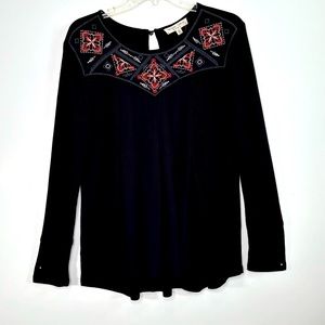 Alchemy‎ Thread Embroidered Waffle Knit Tunic Top Curved Hi-Lo Hem Keyhole Sz M